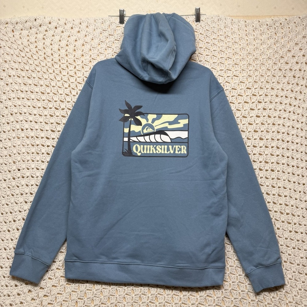 NWT Quiksilver Pullover Hoodie Mens Sz L Blue Shadow Palm Tree Surf Sweatshirt